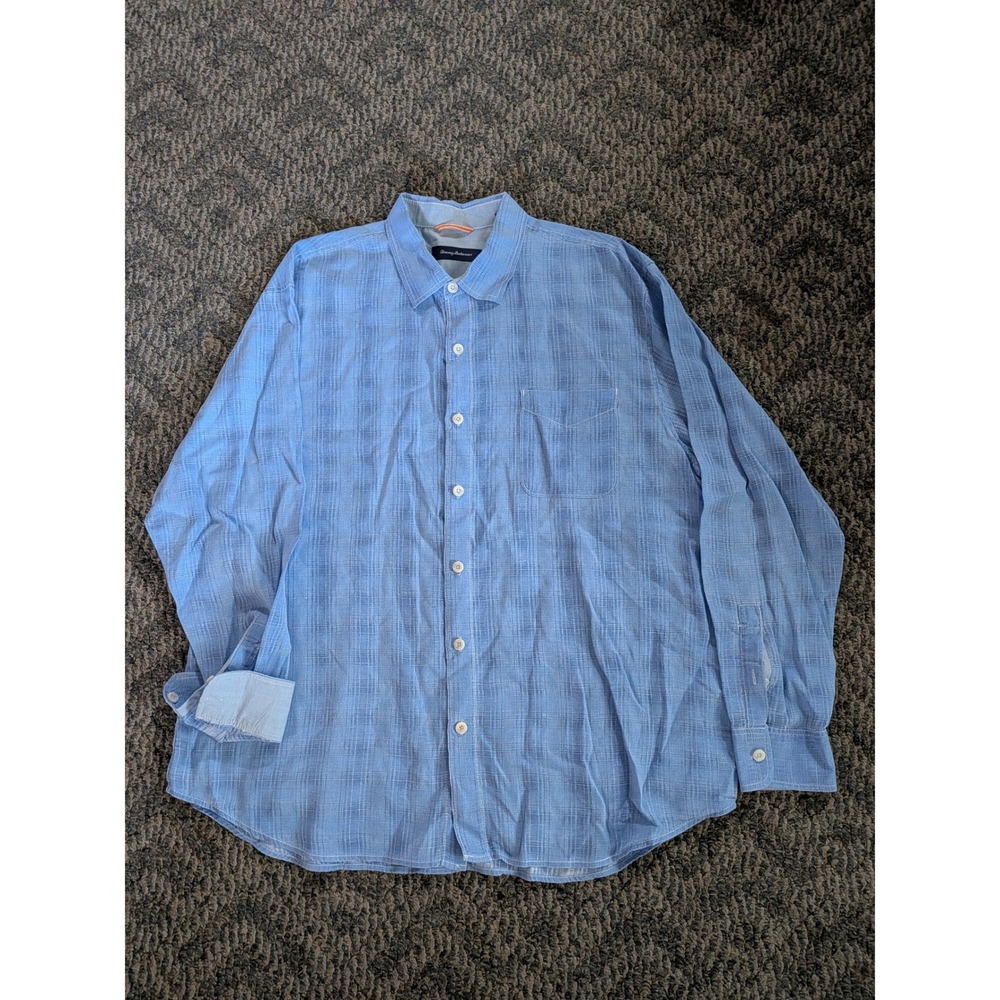 Tommy Bahama Mens XXL Blue Linen Cotton Grid Button Down Shirt T316741